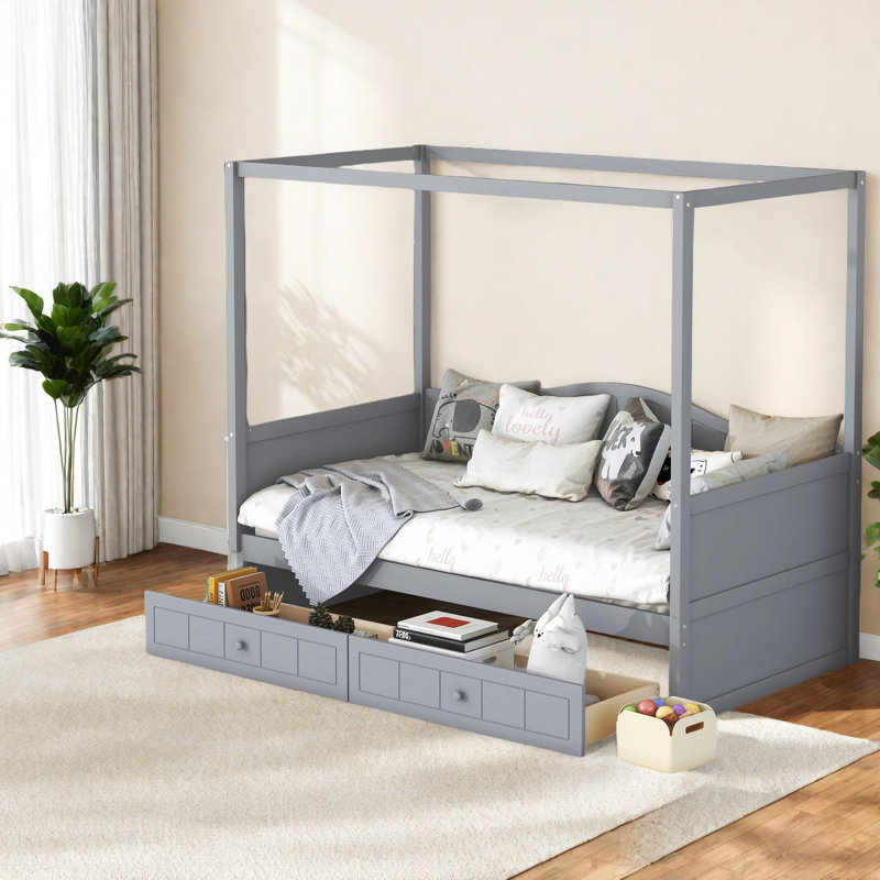 Lit à baldaquin gris spacieux de style moderne avec tiroirs de rangement