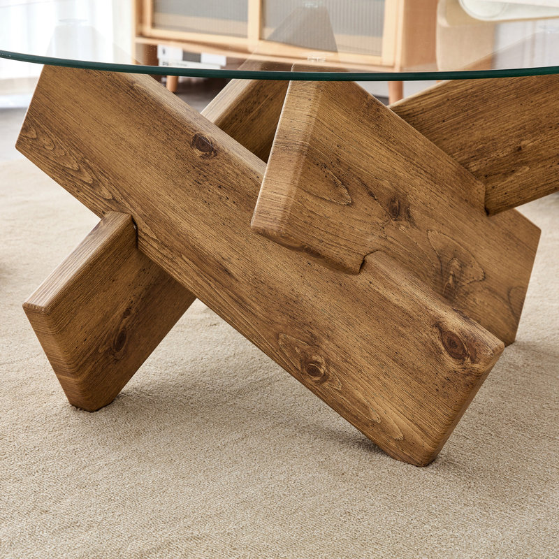 Bridgeview Glass Top Single Coffee Table, Natural Wood