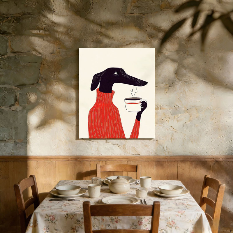 Chien qui boit du café, 36 x 24 pouces, cadre mural en bois à l'arrière