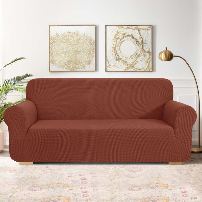 1 Piece Jacquard Spandex Stetch Box Cushion Loveseat Slipcover, Brick