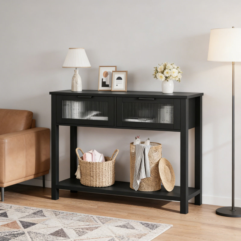 2-Tier Console Table with Glass Drawers, Narrow Farmhouse Entryway Table for Living Room Hallway