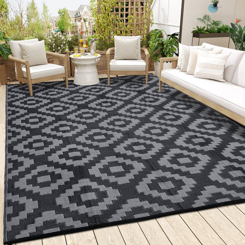 Tapis de paille en plastique à motif géométrique pour l'extérieur, Rectangle 9 pi x 12 pi