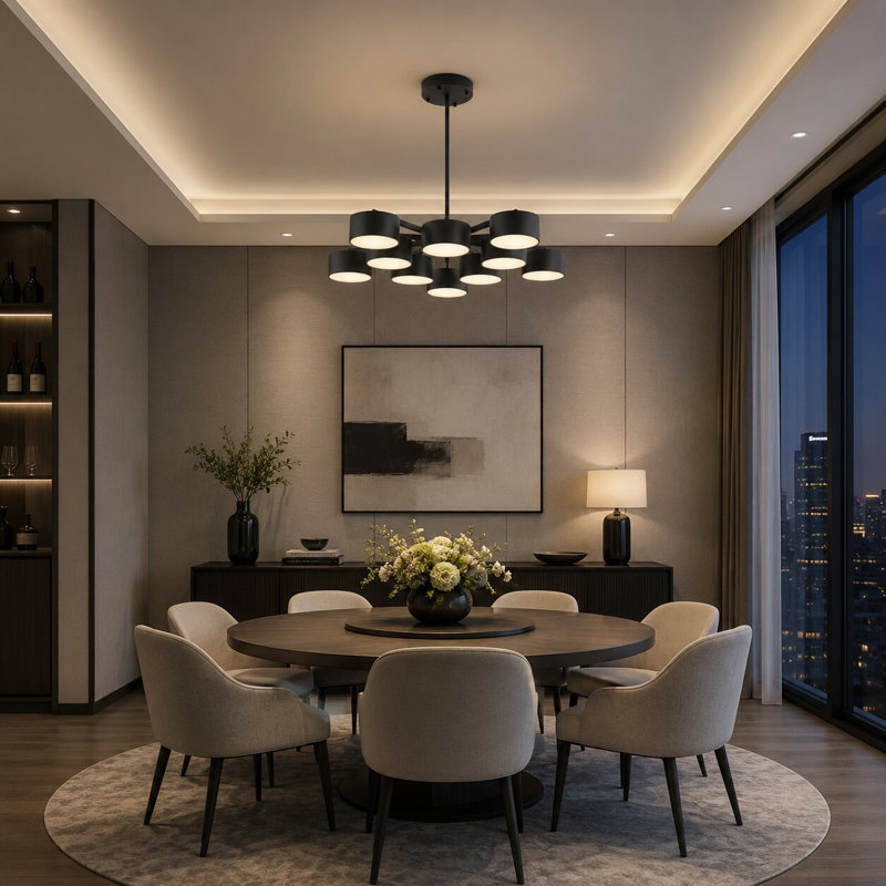 Modern 10 Light LED Black Shade Chandelier, Black