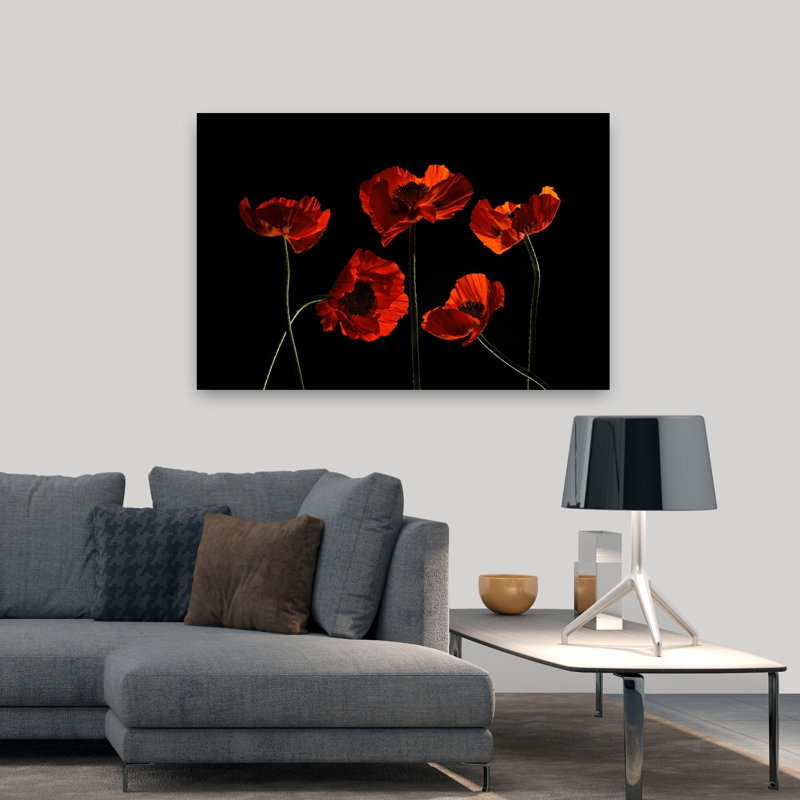 Art contemporain coquelicot, H 32 po x l 48 po