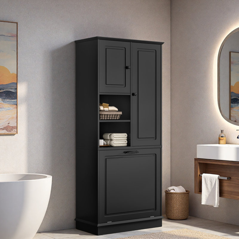 Grande armoire de rangement pour salle de bain avec tablettes réglables, grand panier rabattable et armoires fermées