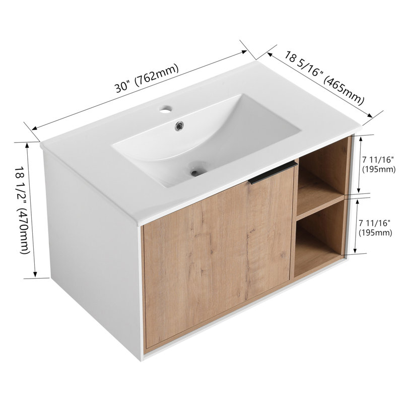 30 in. Imitative Oak Floating Wall Mounted Single Vanity with Ceramic Top