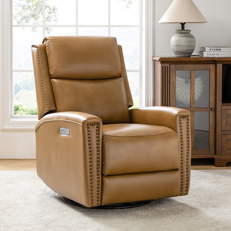 Fauteuil inclinable électrique pivotant en cuir véritable 30,25 po avec ports USB Patchogue, Chameau