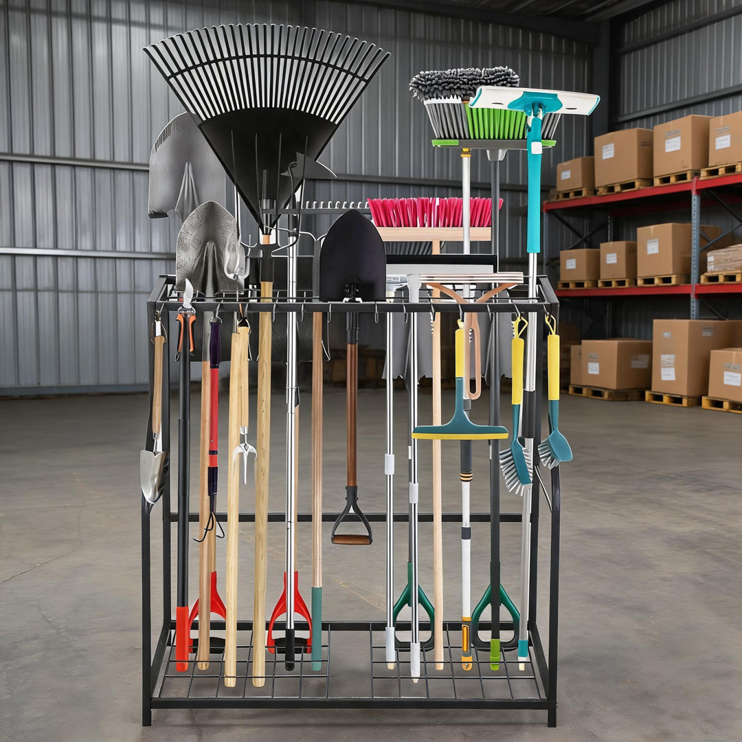Heavy-Duty Metal Garden Tool Rack with 2 Shelves & 14 Hooks for Rakes, Shovels & Brooms