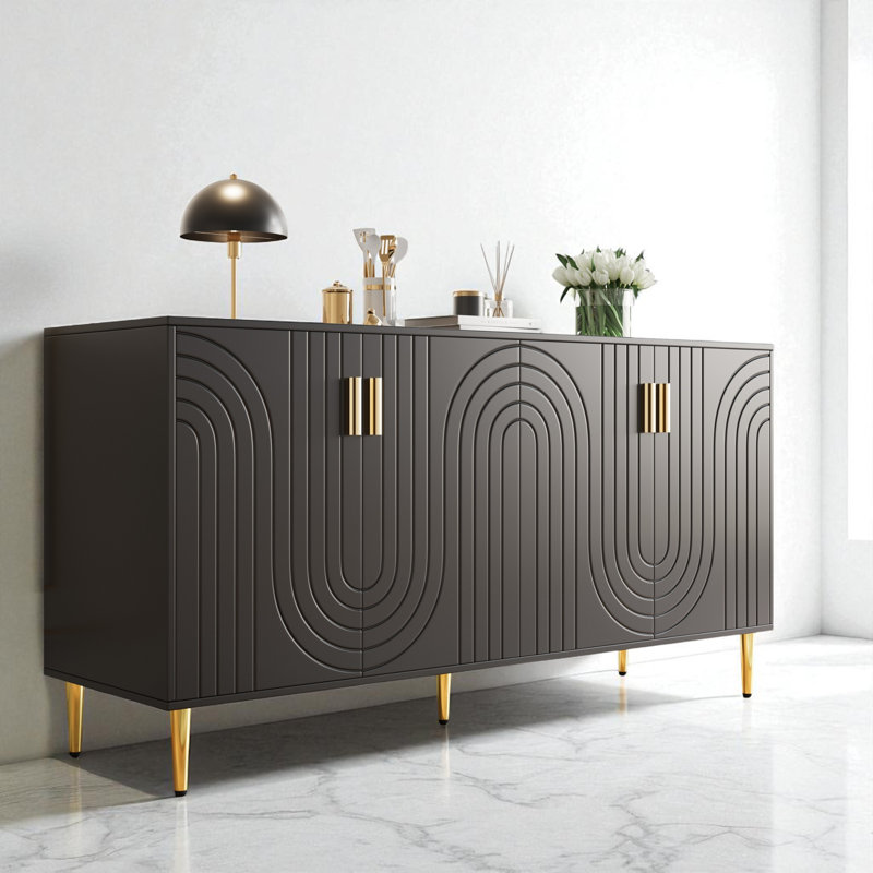 Sideboard With Unique Wave Design And Golden Handles And Feet, Black