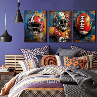 3Pcs American Football Canvas Wall Art Cool Graffiti Rugby Wall Decor Pictures Teen Sports Enthusiasts Posters Prints Paintings For Room Teen Kids Playroom Room Decoration Prepare To Hang