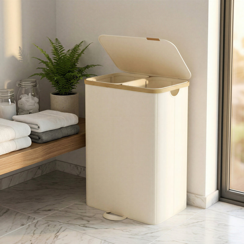 39.6 Gallon 2-Section ,Bamboo Laundry Hamper With Lid And Removable Liners, Beige