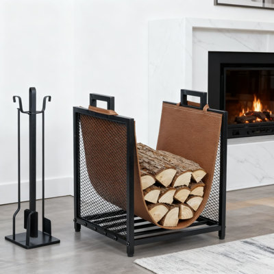 Support de bois de chauffage compact avec toile en similicuir et grillage, support de rangement portatif avec poignées pour une utilisation intérieure et extérieure