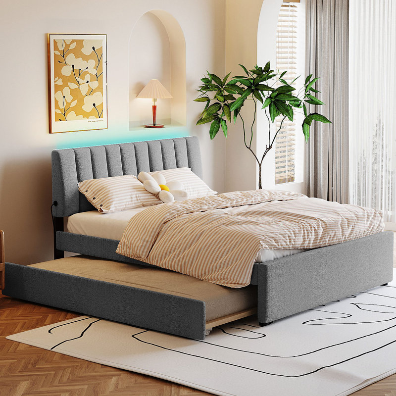 Lit plateforme tapissier Teddy, Gris, Grand lit
