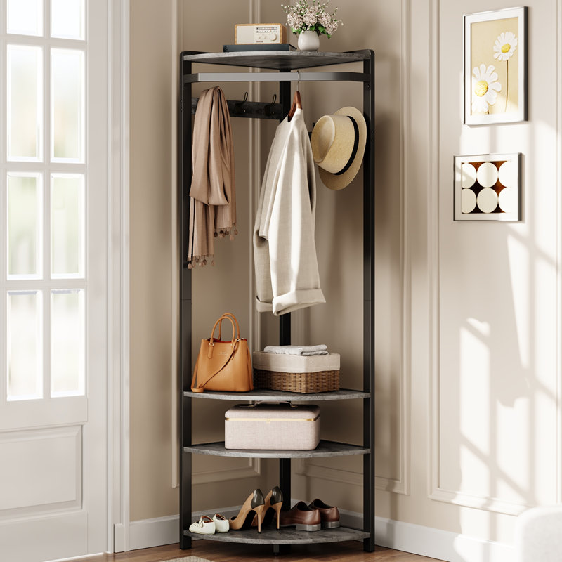 Portemanteau de coin semi-circulaire peu encombrant - 6 crochets doubles, banc à chaussures, 4 tablettes de rangement - organisateur de vestibule autoportant pour couloir, chambre à coucher, placard, appartement - gris pierre