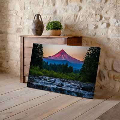 Canvas A Serene Landscape Featuring A Majestic Snow Capped Volcano With Wall Art Vibrant Red And Pink Hues At Sunset Surrounded By Canvas Wall Art