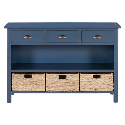 Retro Console Table With 3 Storage Drawers, Entryway Table With 3 Water Hyacinth Woven Baskets, Wooden Accent Sofa Table Buffet Cabinet For Entryway