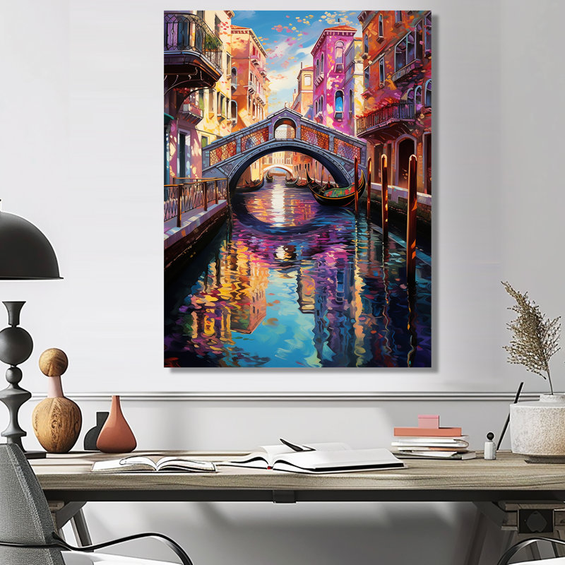 «Little Bridge Sunset Reflections Over Venice Canal», reproduction d'art mural, Sans cadre, H 20 po x l 12 po