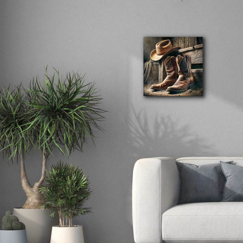 «Wester Style Decor Cowboy bottes and Hat» par Rey Klimt, art mural sur toile, H 18 po x l 18 po