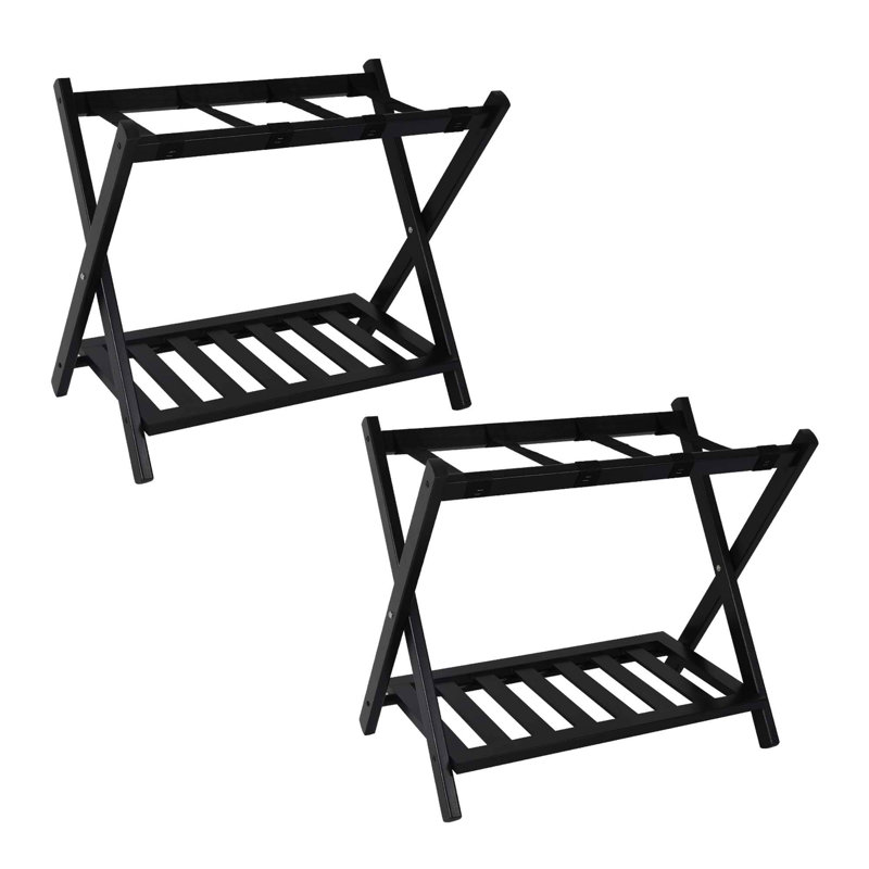 Porte-bagages pliable en bois avec tablette, Ensemble de 2, Noir