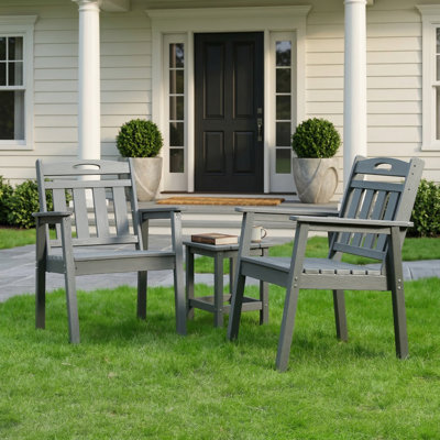 2-Piece Set HDPE Outdoor Stacking Dining Chairs, Low-Maintenance Weather-Resistant with Grey Vertical Backrest for Patio Garden Deck