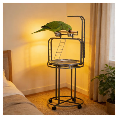 Grand support en bois avec 3 échelles, perchoir en acier thermolaqué gris et salle de jeux