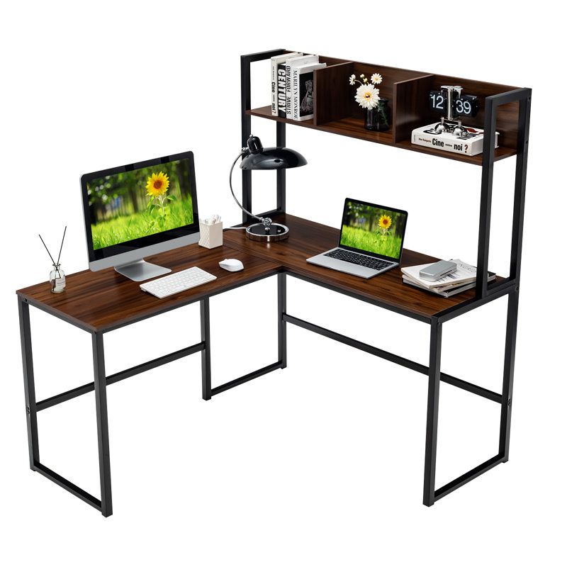 L-Shaped Metal Base Computer Desk, Dark Brown
