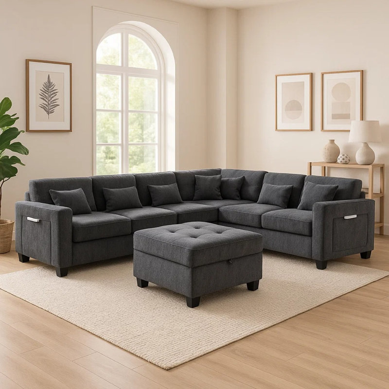 Canapé modulaire Reyna, repose-pieds, dossier réglable, chenille grise 115 po