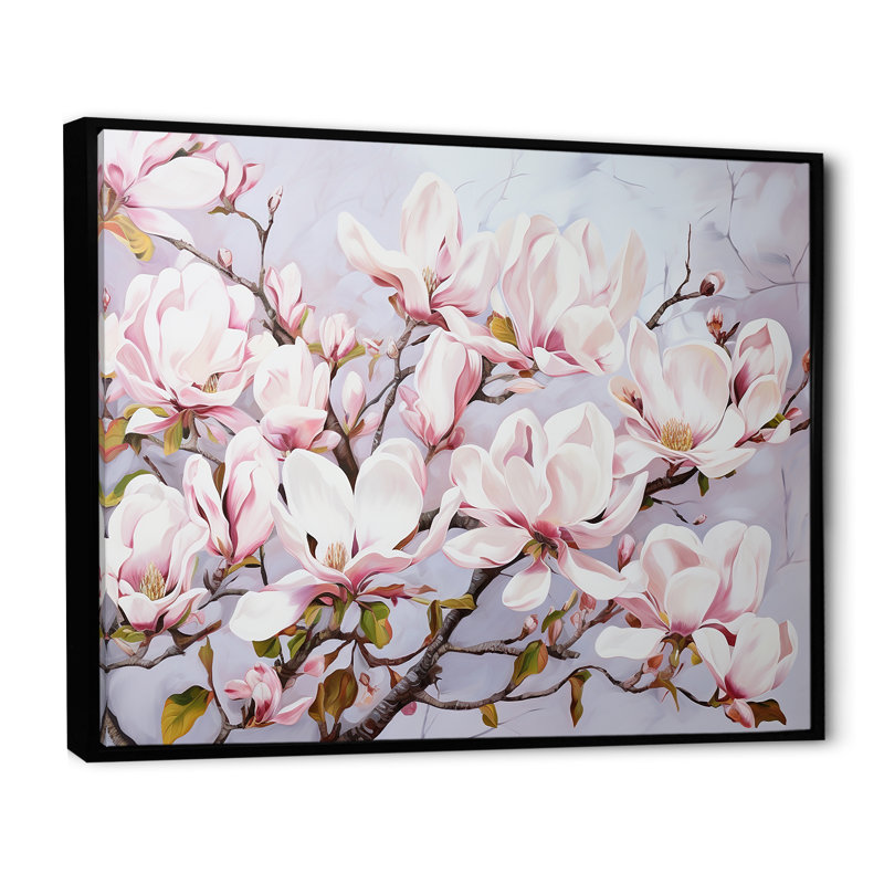 Fleurs de magnolia roses sur toile, Cadre flottant noir, H 24 po x l 32 po