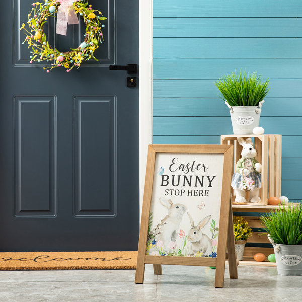 Vintage Wood and Straw Bunny in a Distressed White Finish With a Pink Bow