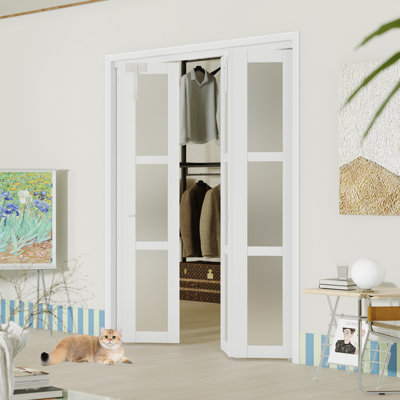 Portes doubles pliantes - 3 portes intérieures doubles en verre givré pour garde-robe, bois massif avec serrure, poignées et quincaillerie.