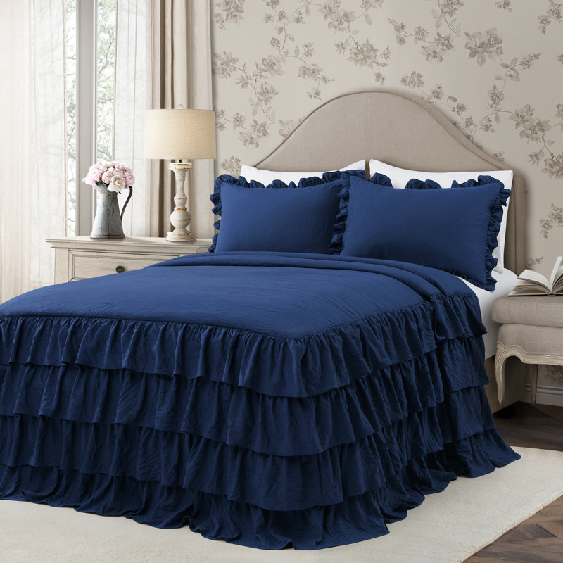 Navy Queen Ruffle Skirt Bedspread Set with Shams