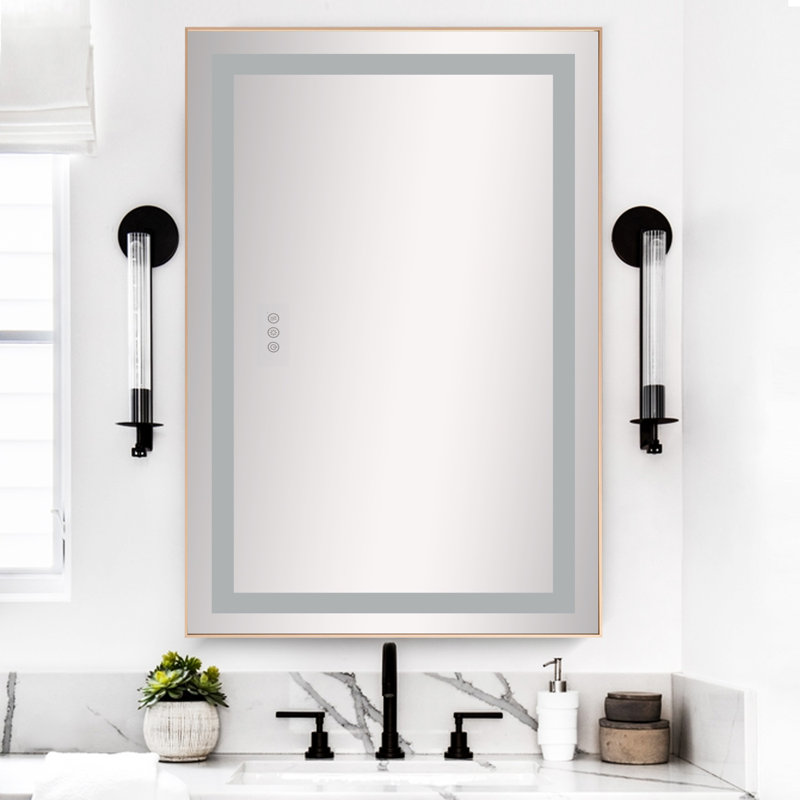 Miroir de salle de bain à DEL Led, rétroéclairé et avant éclairé, multifonction, fixation murale, or brossé, 28 po x 36 po