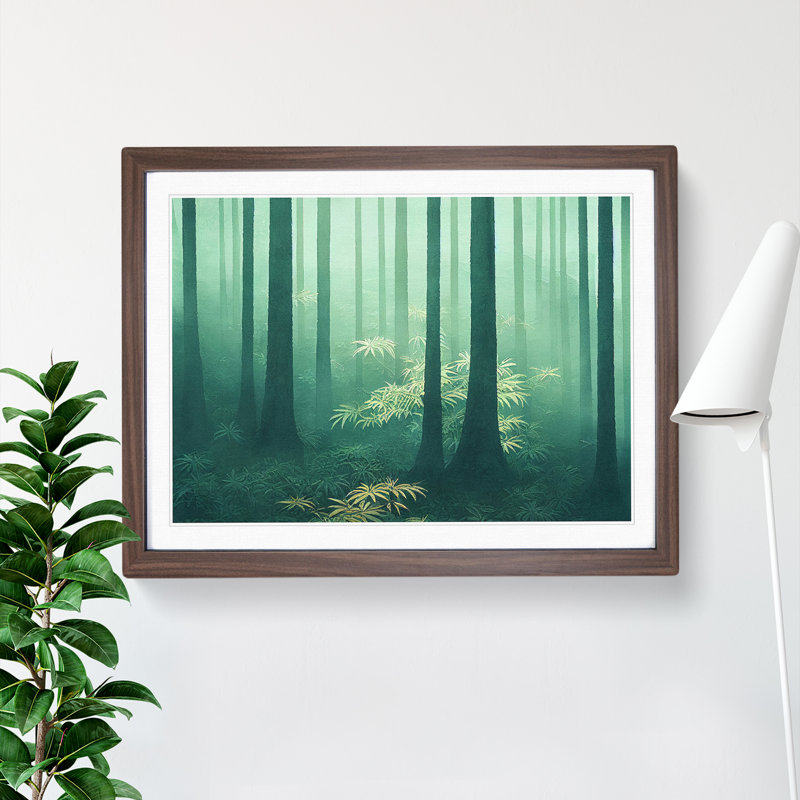 Misty Japanese Forest - Single Picture Frame Print, 46cm H x 64cm W, Walnut Framed