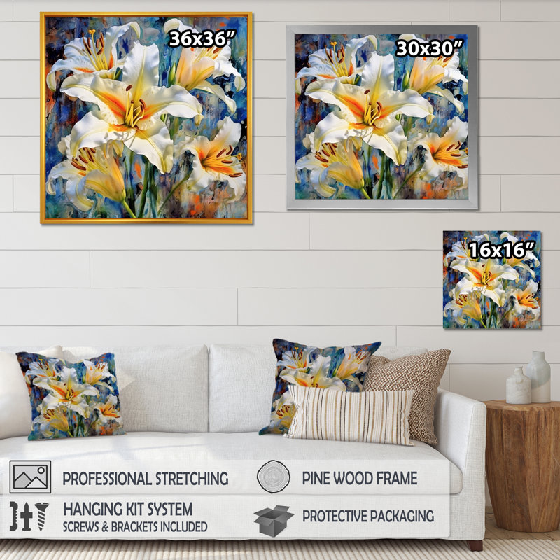«White and Yellow Elegant Lily P pureté I» sur toile imprimée, Cadre simple argenté, H 16 po x l 16 po x P 1 po