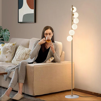 Mid Century Modern Floor Lamp With 6 Frosted Glass Globes, 3 Color Temperature Adjustable Standing Lamp For Living Room Bedroom Office, Foot Switch Control