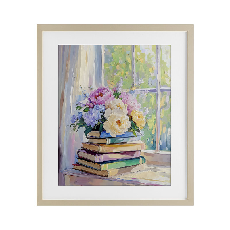 «Pastel Floral Book Stack», reproduction encadrée sous verre, design par Arlington Prints, H 21 po x l 17 po