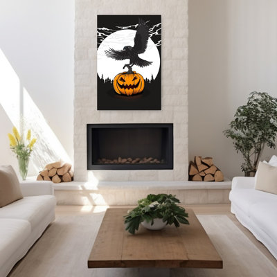 Corbeau de nuit sur citrouille - Affiche murale abstraite contemporaine représentant un oiseau de la forêt d'automne