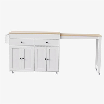 74.5-inch Expandable Dining Table Kitchen Island with Wheels, Mobile Kitchen Island with Spice Rack and 2 Drawers, 4-door Cabinet Kitchen Storage Cart, Suitable for Kitchen, Restaurant, White