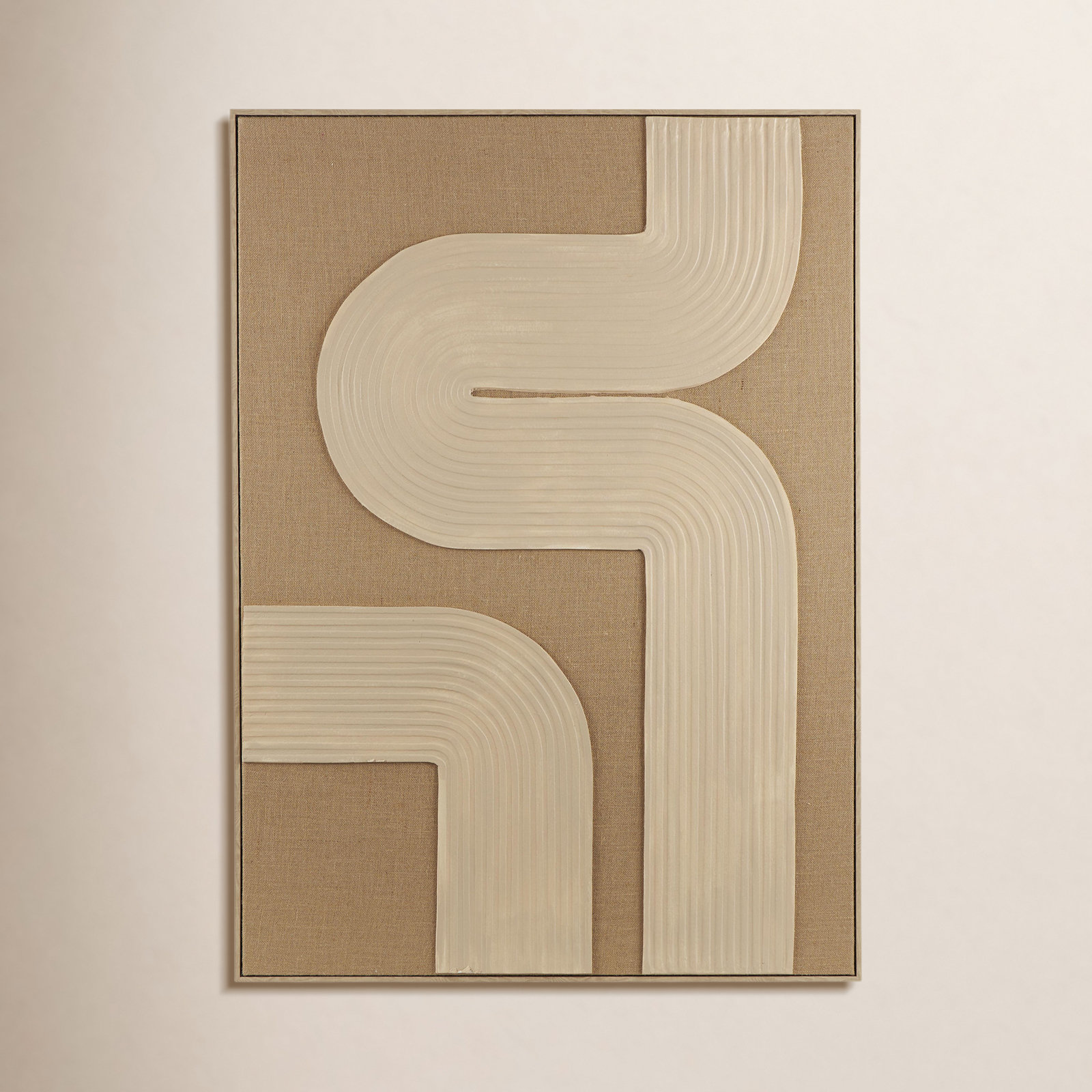 The Novogratz Canvas Textured Abstract Living Room Framed Wall Art with Tan Ribbed Curve Shapes