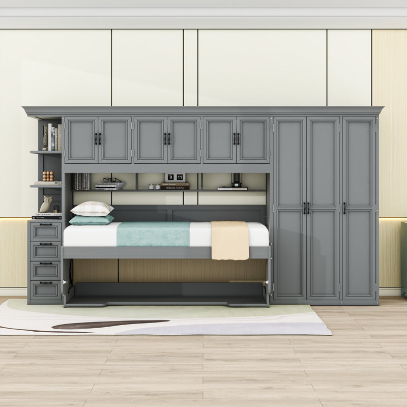 Lit escamotable convertible simple avec grand rangement et bureau, Gris