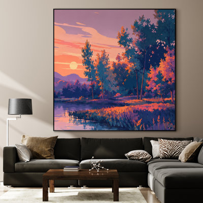 Très grande reproduction d'art sur toile - Paysage de coucher de soleil vibrant avec des silhouettes d'arbres sur une rivière calme, reflet d'un ciel rose et orange chaud pour le salon ou la chambre à coucher - «Assemblage requis du cadre (cadre non fini)»