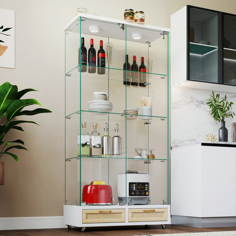 Petite vitrine en verre à 4 tablettes avec éclairage à DEL de 13 couleurs, fonction de verrouillage et 2 tiroirs pour bureau, salon, boîte de rangement multifonctionnelle blanche à montage rapide