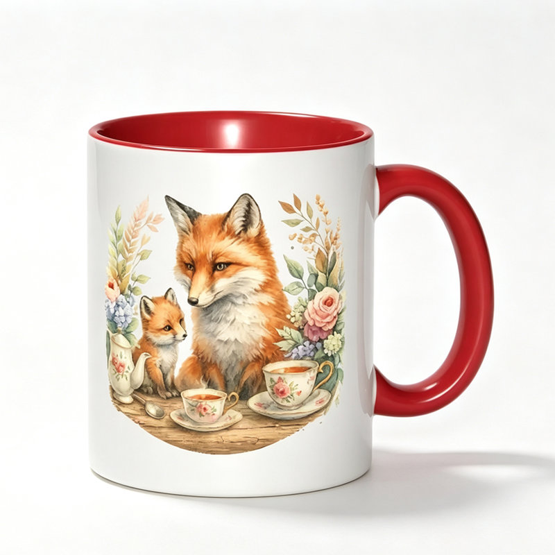 1pc Red Fox and Fox Cub Drinking Floral Pattern Ceramic Coffee Mug Coffee Cup Tea Mug Thanksgiving Gift Leisure.
