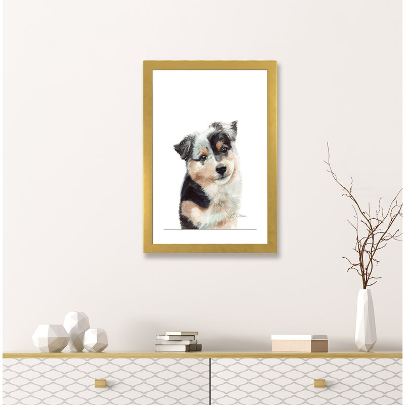 Chiot berger australien - reproduction d'art, H 24 po x l 16 po x P 1 po, Papier encadré doré, Blanc