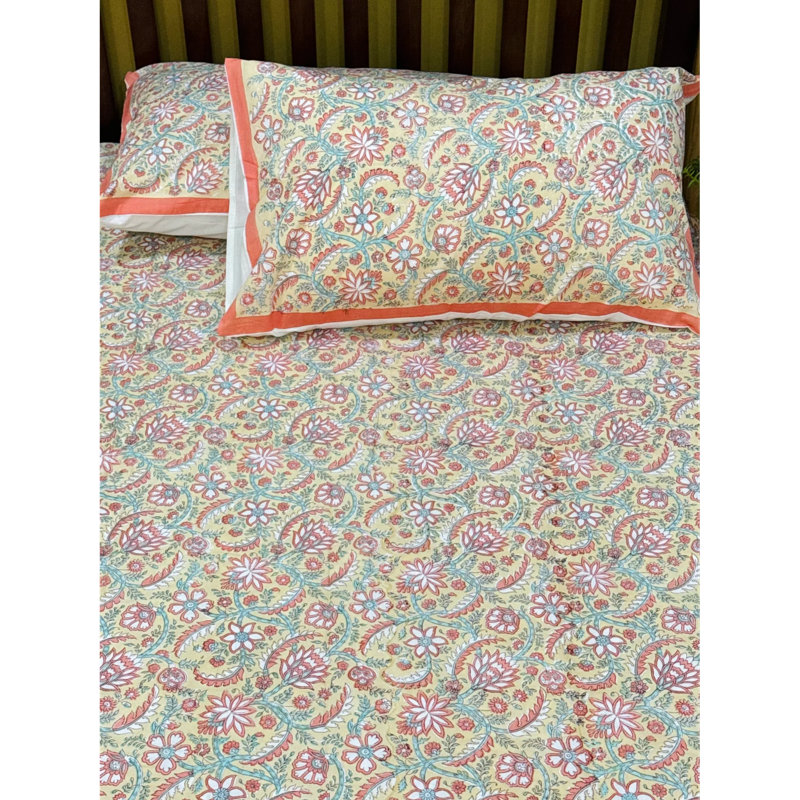 Elegant Floral Block Print Cotton Bedsheet Set With Pillowcases