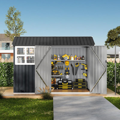 Remise à outils de jardin en métal 6 x 8 pi avec cadre mis à jour, portes et fenêtres verrouillables