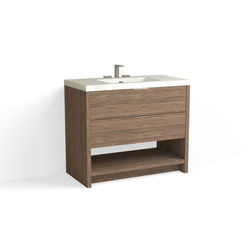 Vue 42" W Freestanding Single Bathroom Vanity, Glossy White/8" Widespread, Matte Black, White Nanomatte