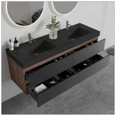 Meuble-lavabo de 60 po en noyer Grace avec lavabo en quartz noir mat et tiroirs noirs doux, meuble-lavabo mural flottant, sans drain ni robinet, pré-assemblé