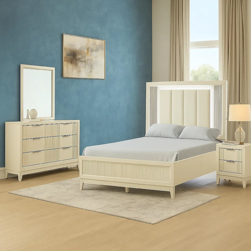 Ensemble de chambre à coucher grand avec commode 4 pièces Toi, Quatre pièces : lit, commode, miroir et table de, Chrome