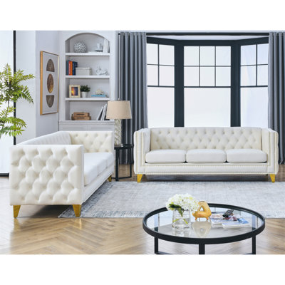 Tommy Tufted Velvet Sofa Set with Square Arms & Metal Legs by Mercer41
